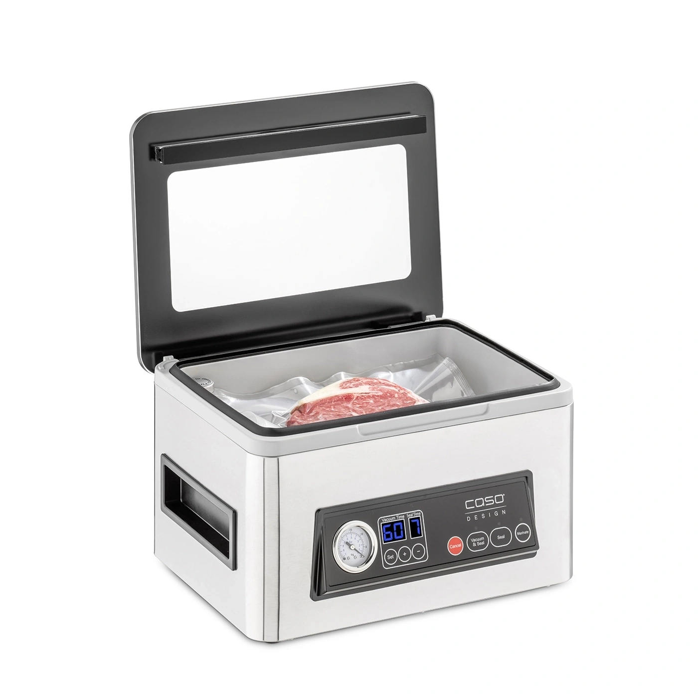 Scelleuse sous vide avec viande. Acier inoxydable, panneau de commande, vide, scellage, marinade.