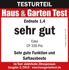 Testurteil Haus & Garten Test, Endnote 1,4, sehr gut, Caso CP 330 Pro, Saftausbeute, Ausgabe 2/2019
