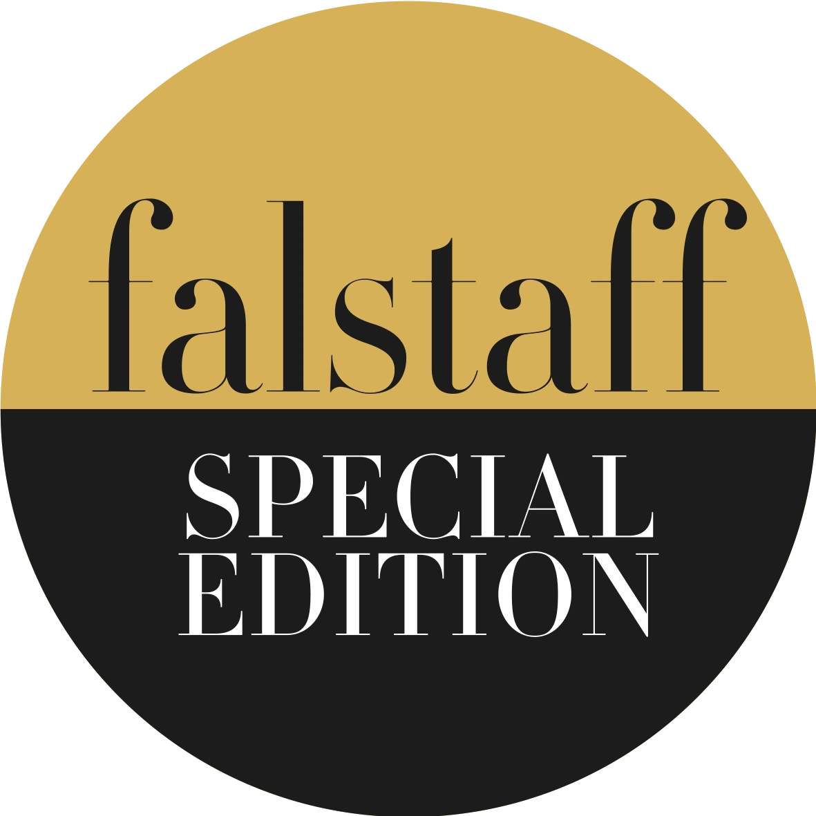 Falstaff Special Edition Logo, goldener Kreis, schwarzer Hintergrund, Schriftzug