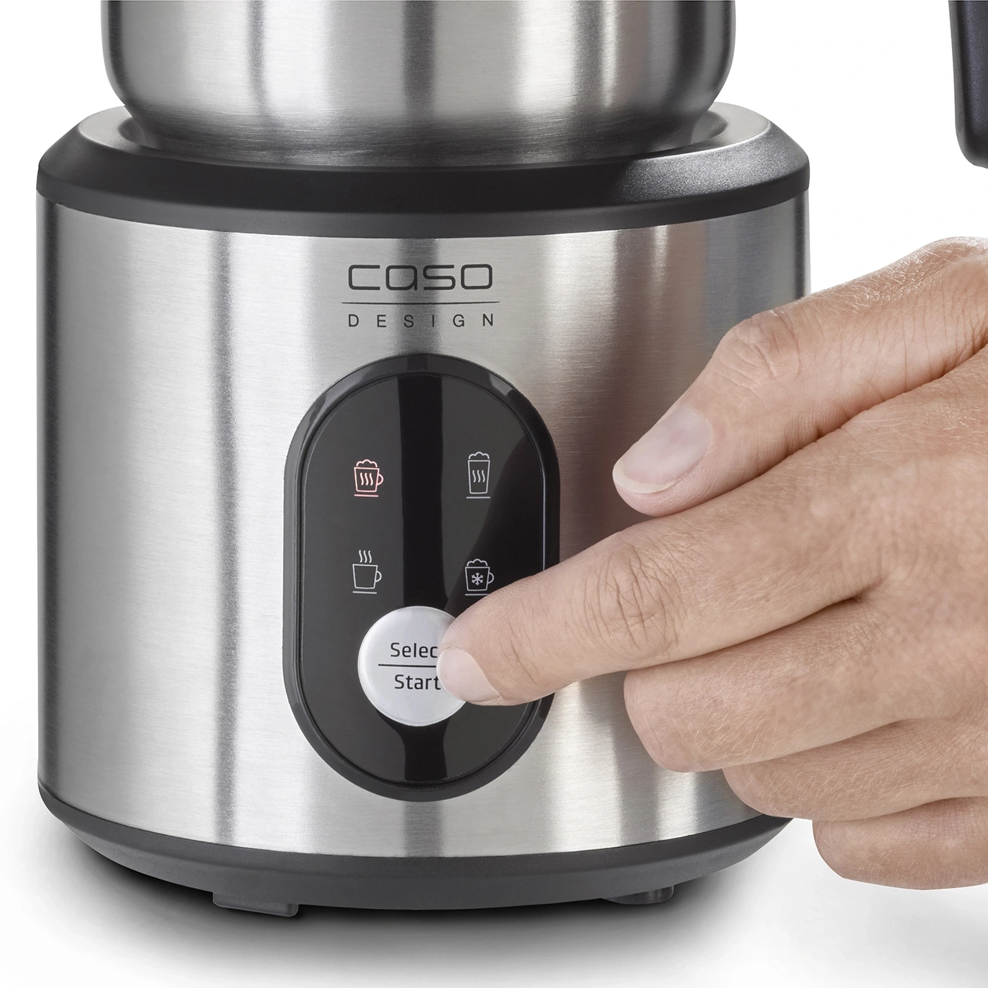 Close-up of a milk frother with control panel and hand pressing a button to start the machine.