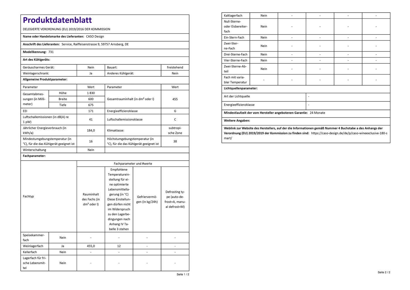 Fiche technique du réfrigérateur : efficacité énergétique, classe climatique, stockage du vin, dimensions, consommation, garantie.