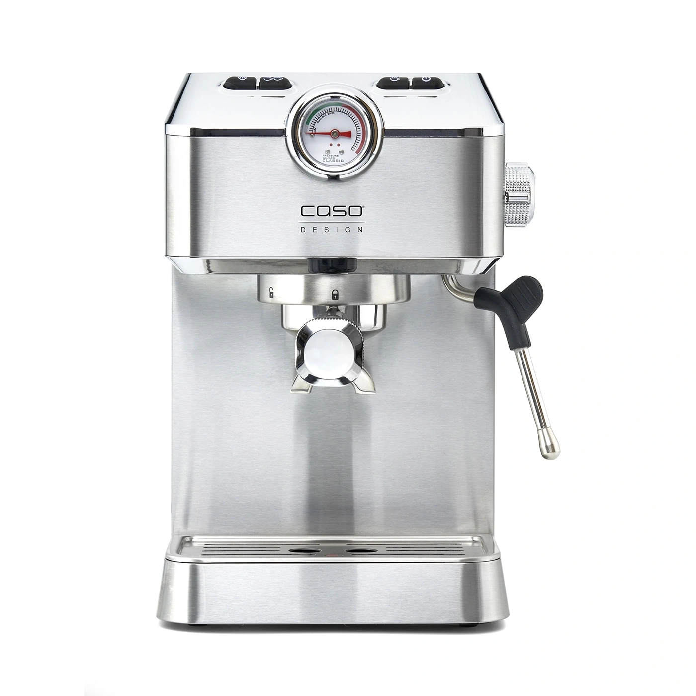 Espressomaschine aus Edelstahl mit Manometer und COSO-Logo
