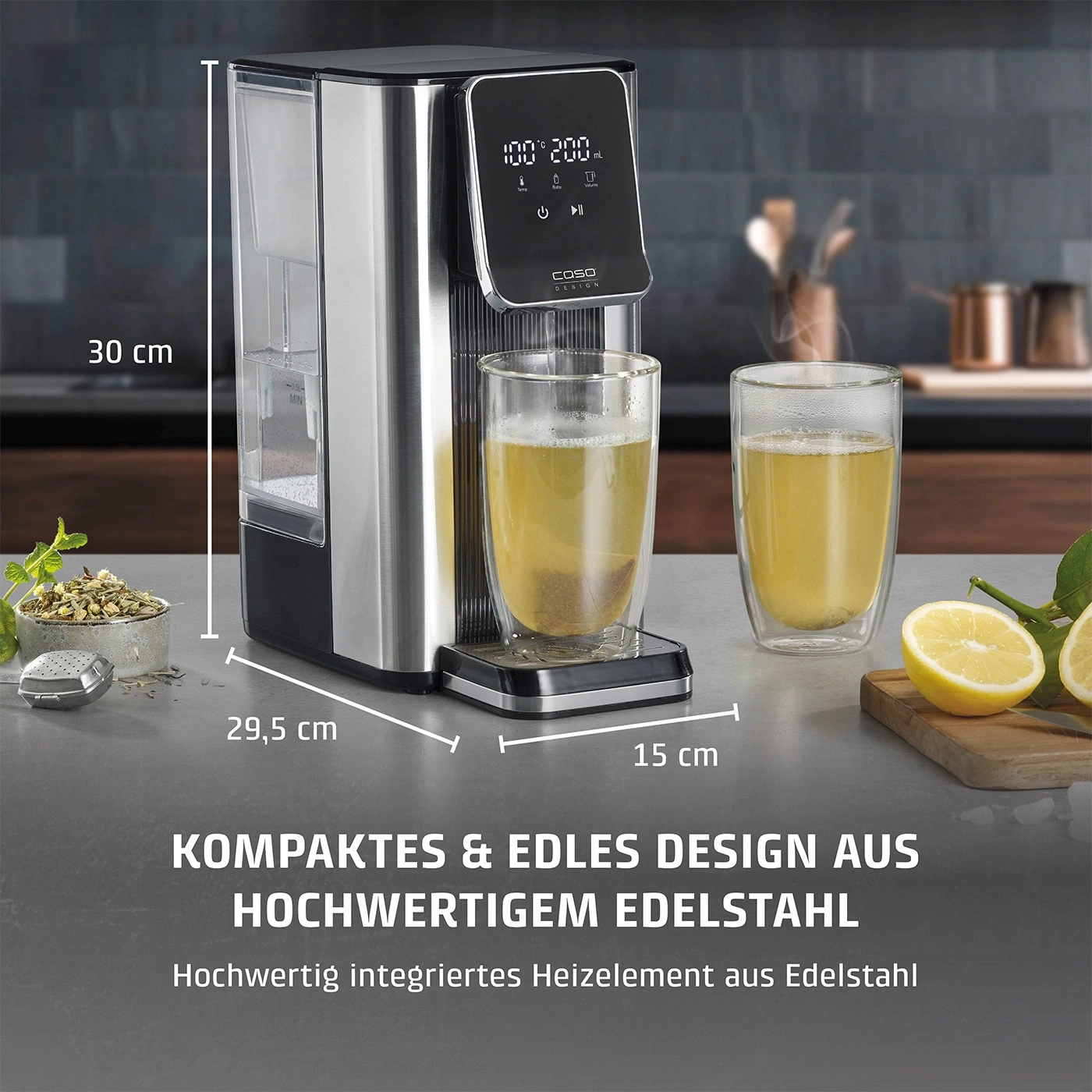 Distributeur d'eau compact en acier inoxydable avec deux verres de thé et du citron.