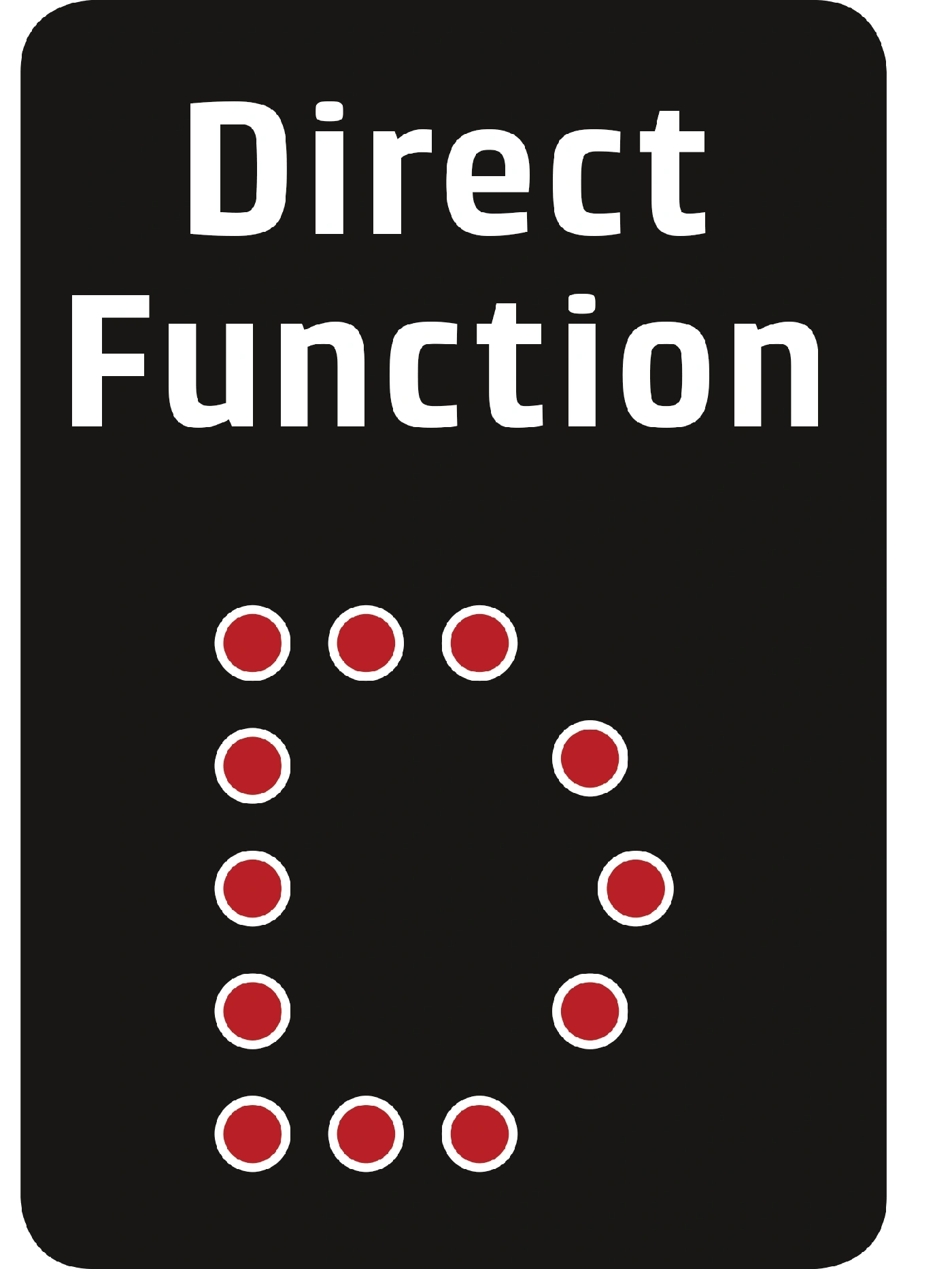 Logo Direct Function, fond noir, points rouges, texte blanc, coins arrondis, design