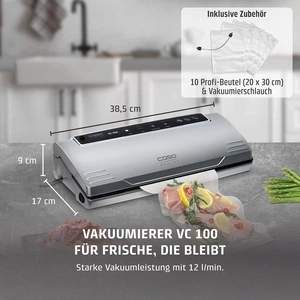Sous-vide-Gerät mit Zubehör und Maßen auf Küchenarbeitsplatte.