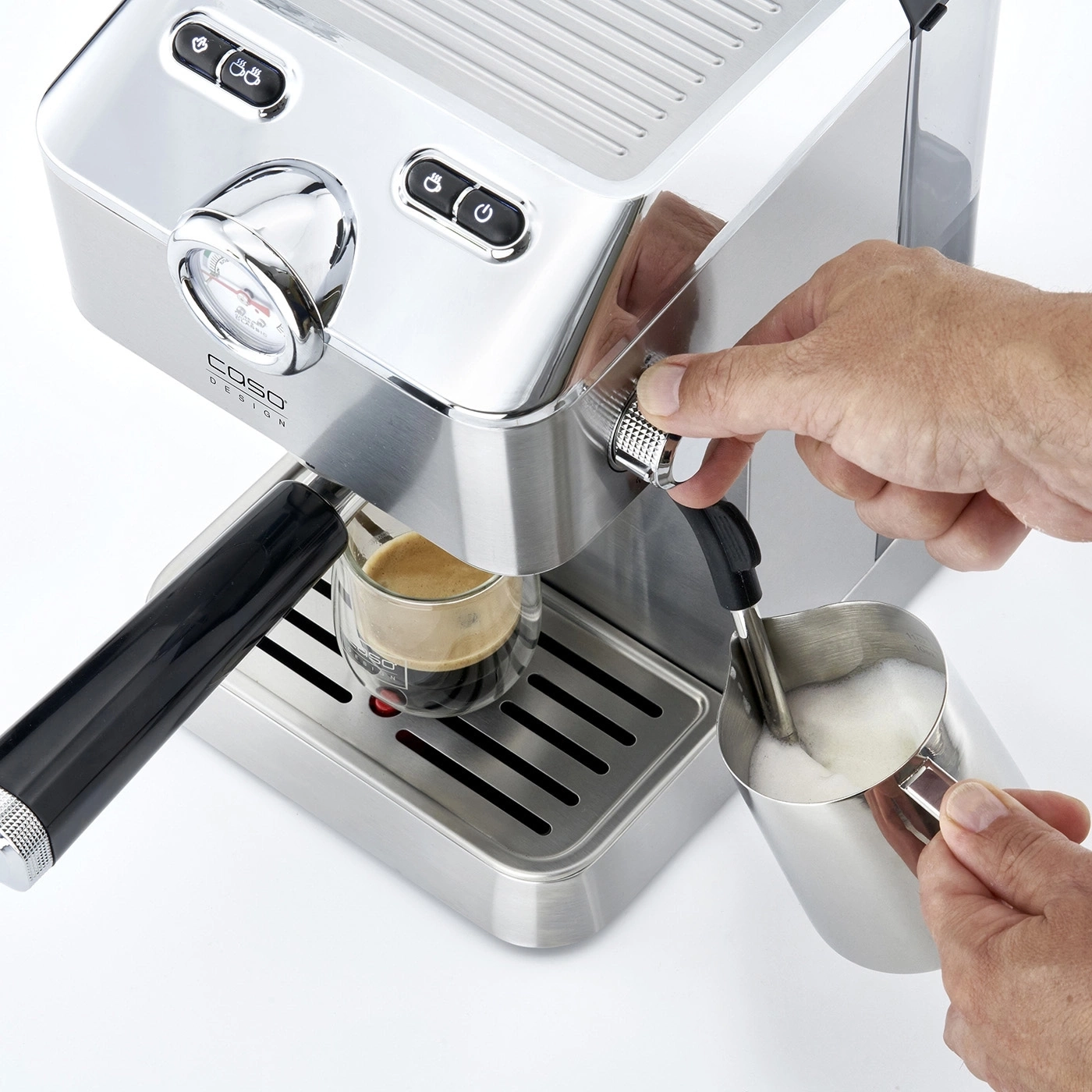 Espressomaschine mit Milchaufschäumer, Kaffeezubereitung, Edelstahl, Caso Design