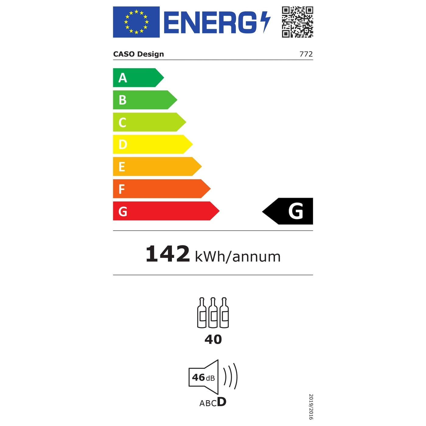 Energy label for Caso Design, energy class G, 142 kWh/annum, 40 bottles capacity