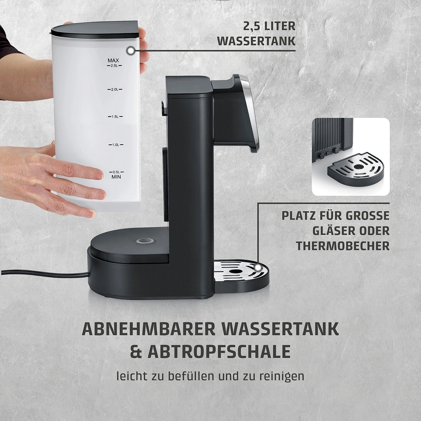Machine à café avec réservoir d'eau amovible et bac d'égouttage