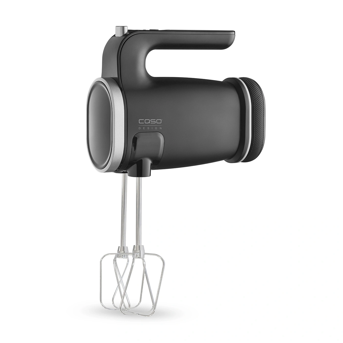 Black hand mixer with silver accents and Caso Design logo on white background.