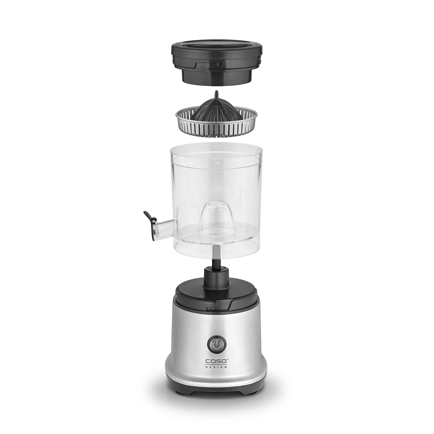 Disassembled citrus juicer with stainless steel base and clear container.