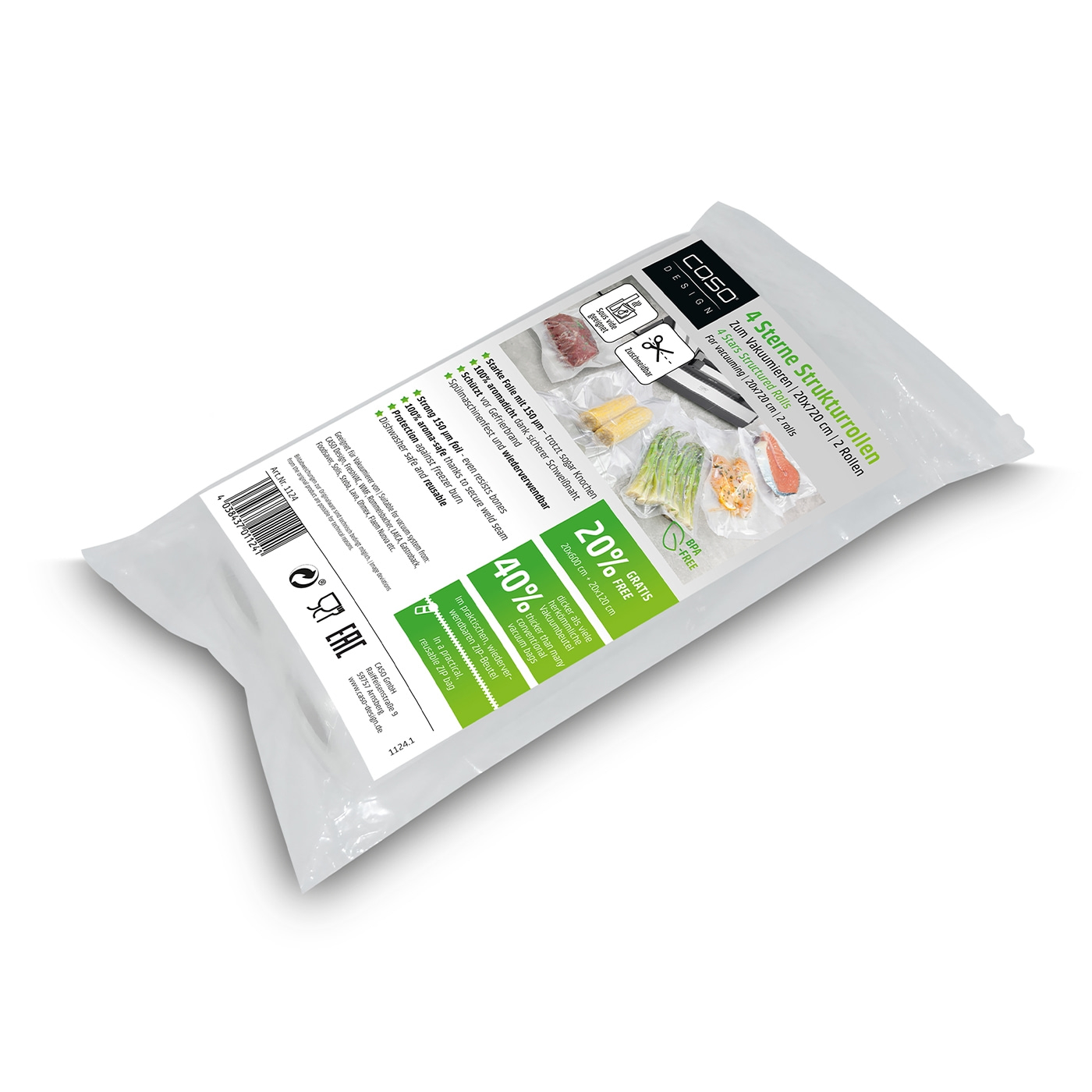 Vakuumrollen-Verpackung mit Produktinformationen, 4 Sterne Strukturrollen, 2 Rollen, 20x720 cm