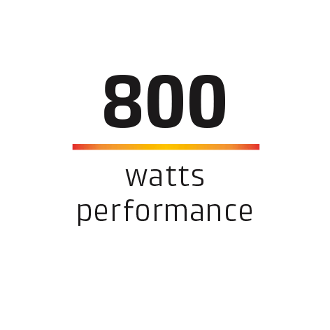 800 watts performance, orange line, black background, text