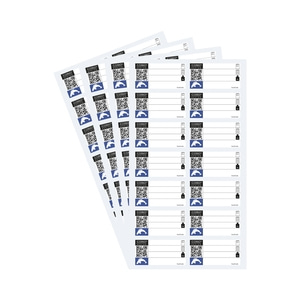 Labels with QR codes, logos, and text arranged on a white background, stacked.