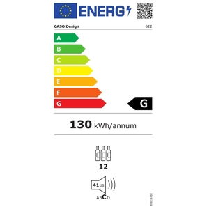 Energy label for CASO Design, energy efficiency class G, 130 kWh/annum, 12 bottles