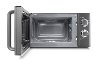 Microwave oven with open door, control panel with power and timer settings.