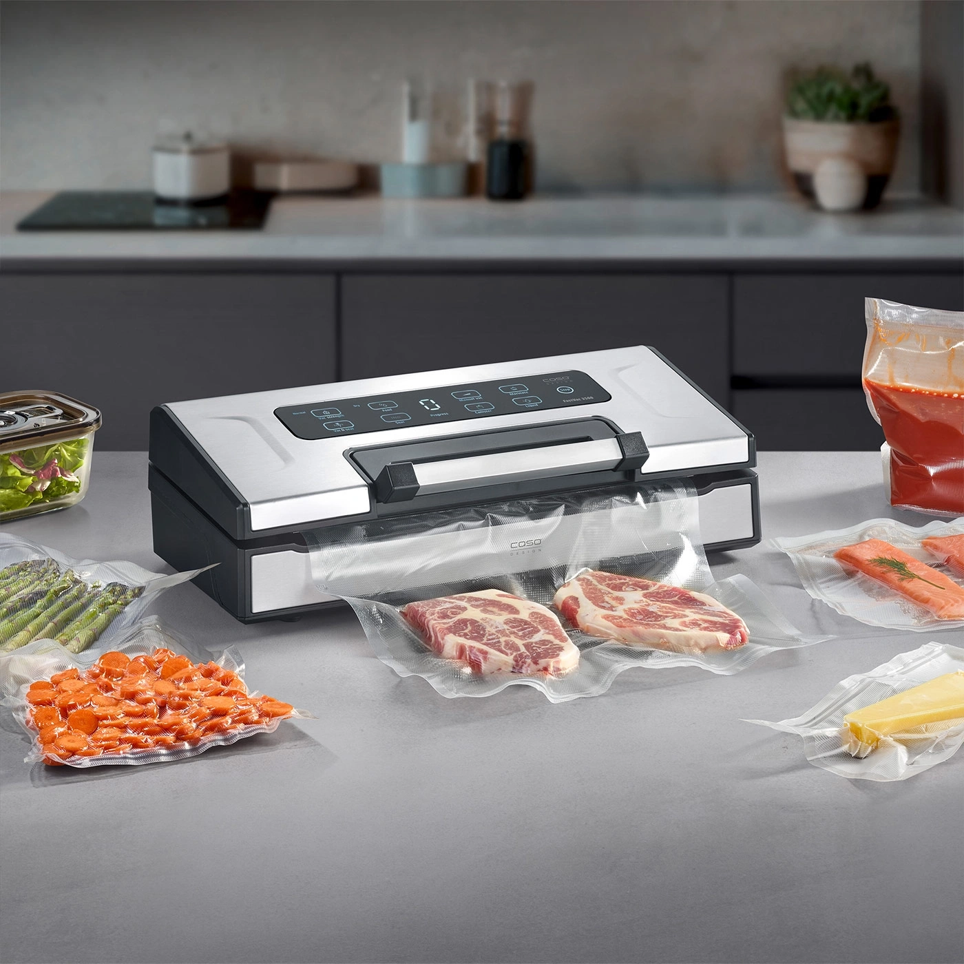 A vacuum sealer machine seals meat, fish, vegetables, and cheese in plastic bags.