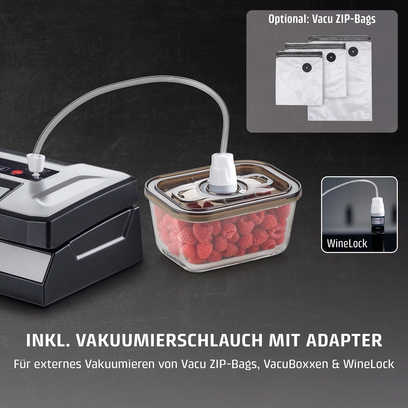 Scelleuse sous vide avec tuyau, récipient avec framboises et sacs optionnels.