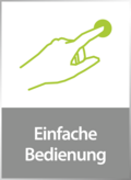 Hand zeigt auf grünen Kreis, darunter steht 'Einfache Bedienung' in weißer Schrift.