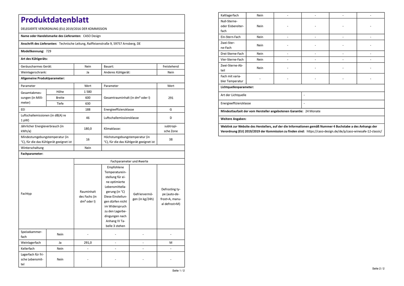 Fiche produit réfrigérateur: efficacité énergétique, dimensions, stockage du vin, classe climatique, garantie.