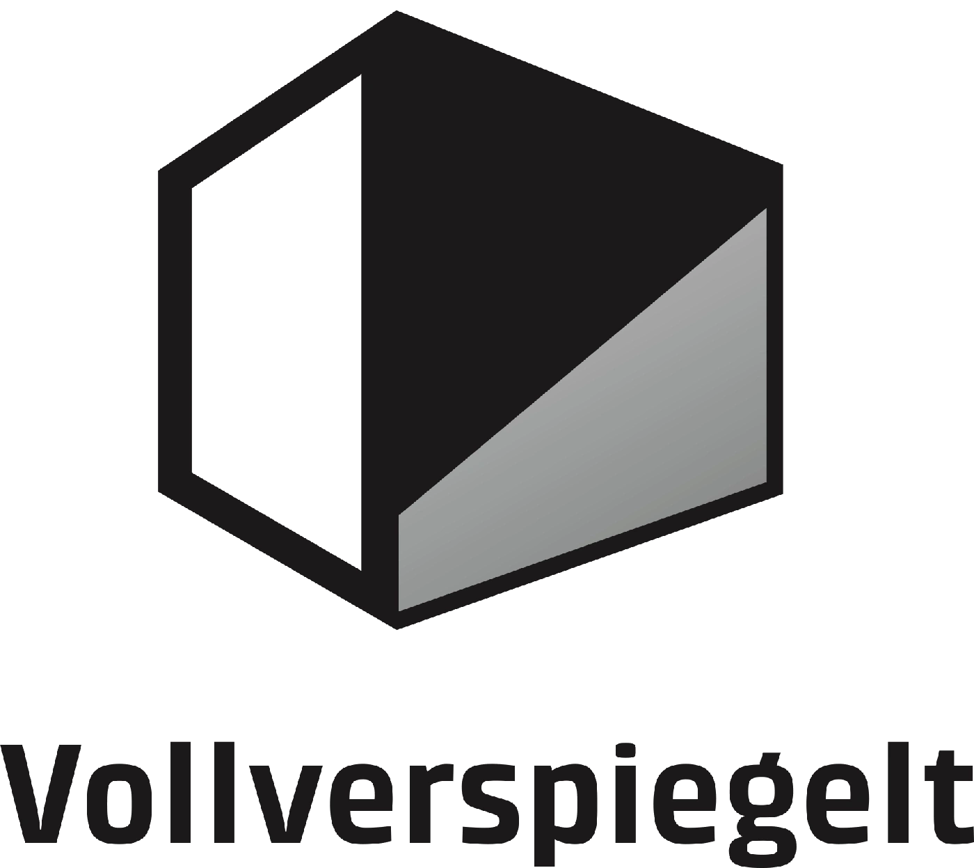 Logo avec cube et lettrage Vollverspiegelt, noir, blanc et gris