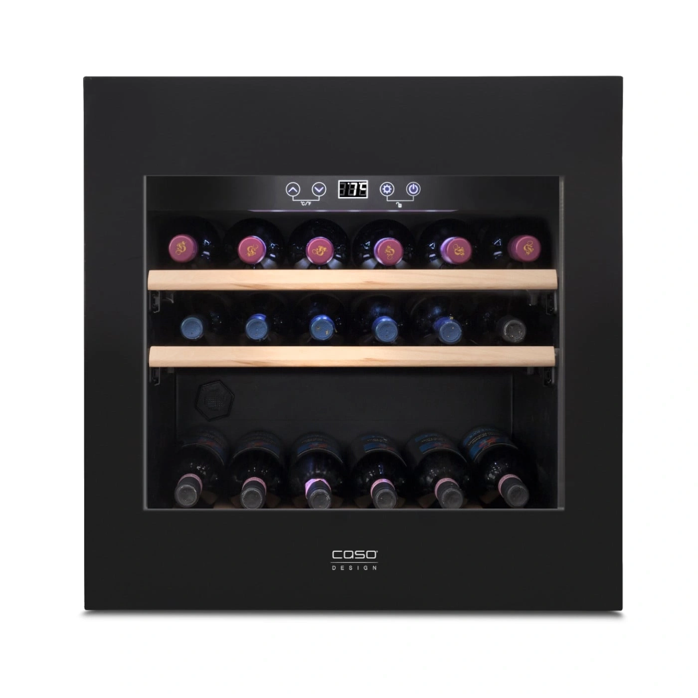 Weinkühlschrank mit Flaschen, Temperaturanzeige und Holzregalen, schwarz
