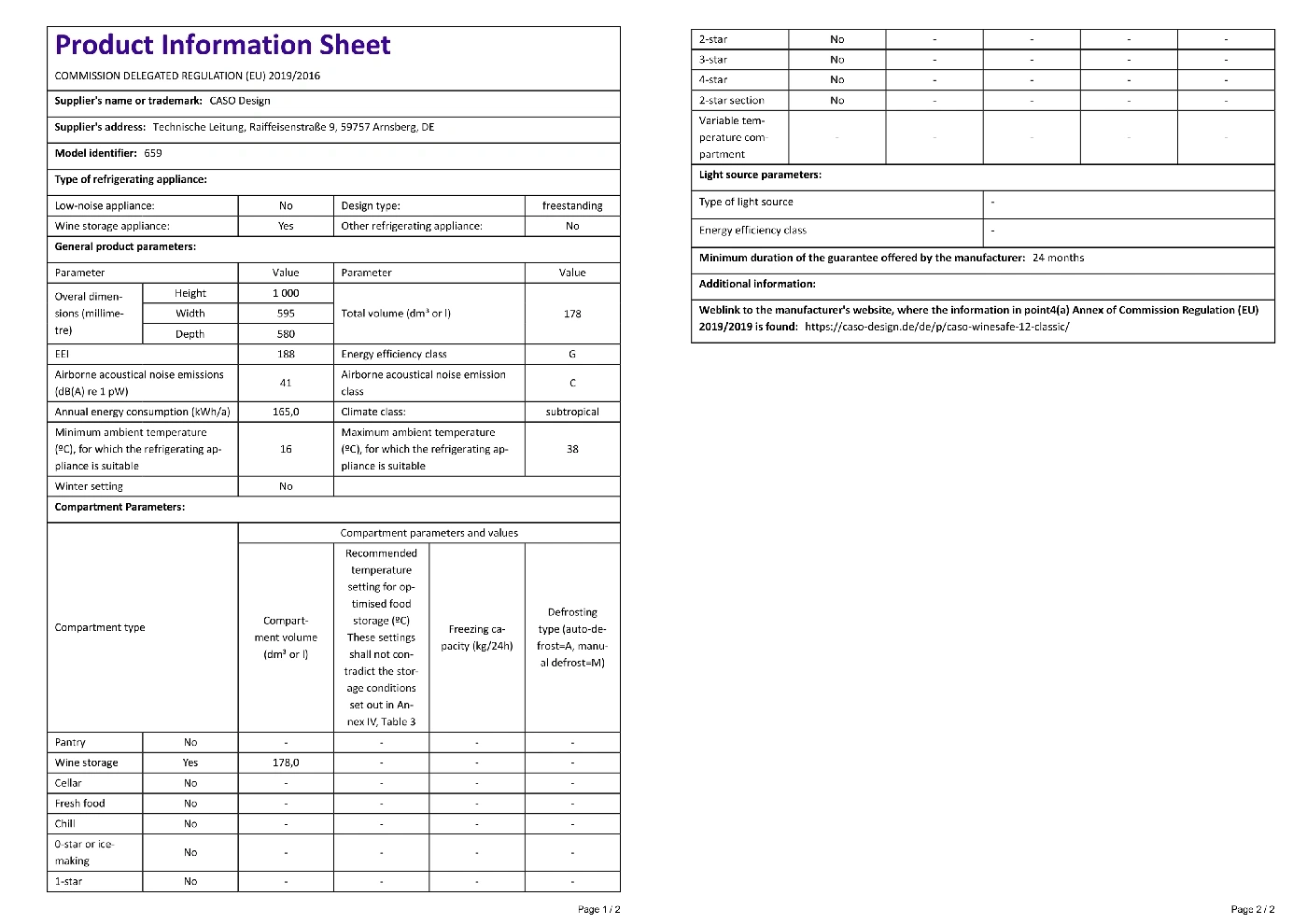 Product data sheet: Refrigerator details, model 659, energy efficiency G, wine storage.