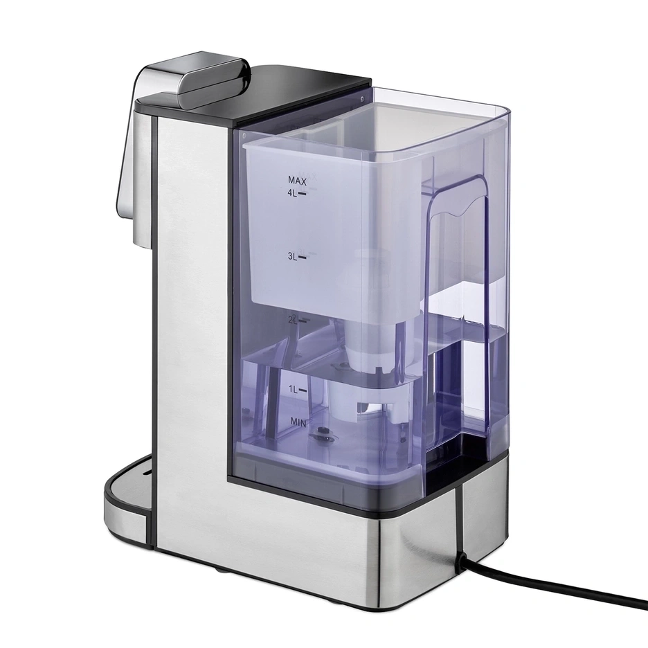 Edelstahl-Wasserkocher mit transparentem Wassertank und schwarzem Kabel.