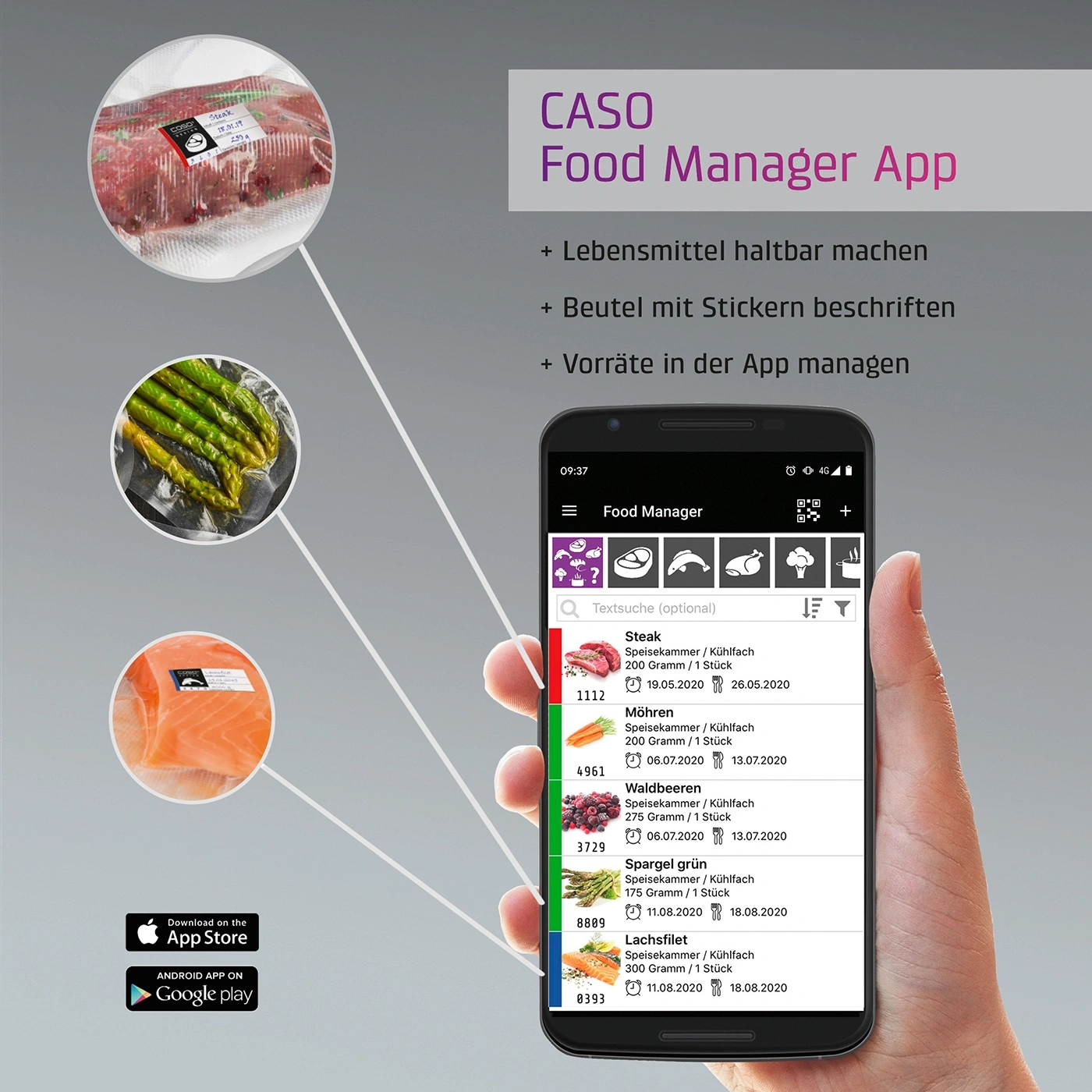 Food management app with steak, carrots, berries, asparagus and salmon fillet.