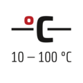 Temperaturbereich von 10 bis 100 Grad Celsius, schwarz-rot.
