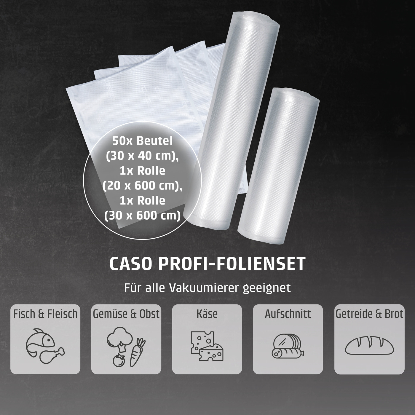 CASO PROFI-FOLIENSET: Ensemble de mise sous vide avec sacs et rouleaux pour aliments.
