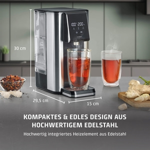 Compact stainless steel water dispenser with two glasses of tea and ginger.