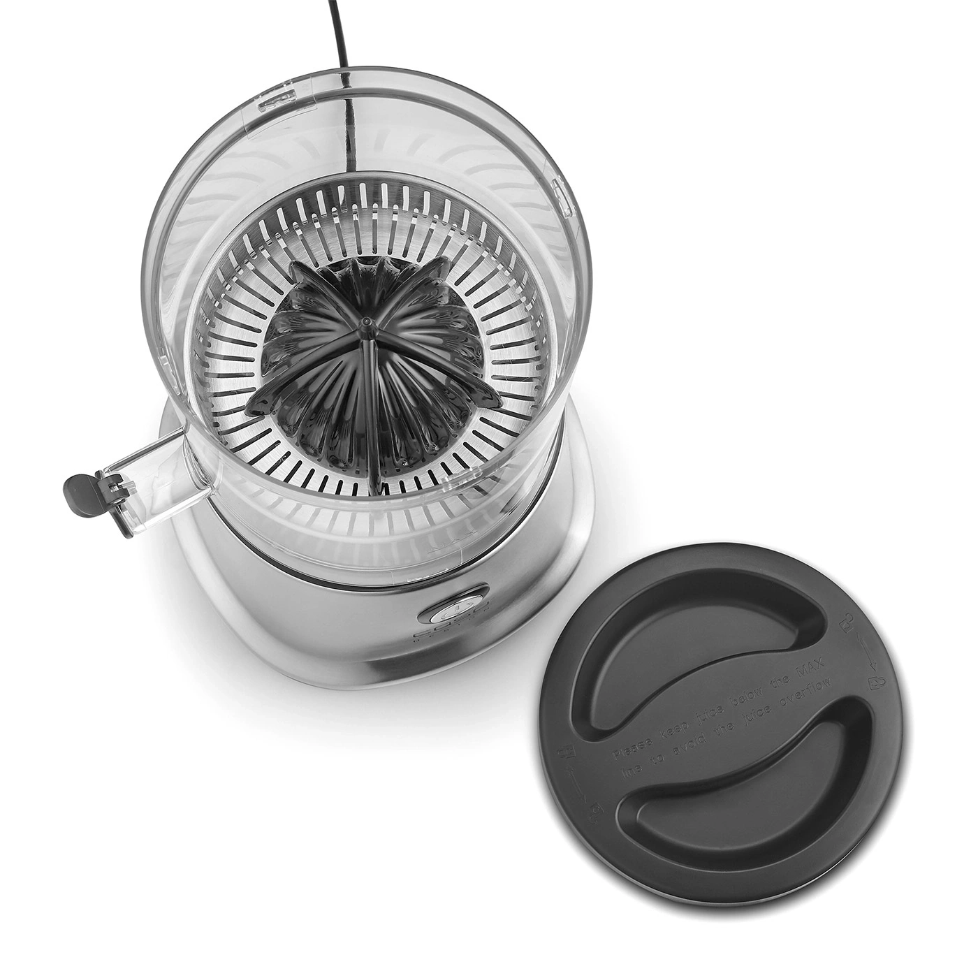 Electric citrus juicer with black lid on a white background.