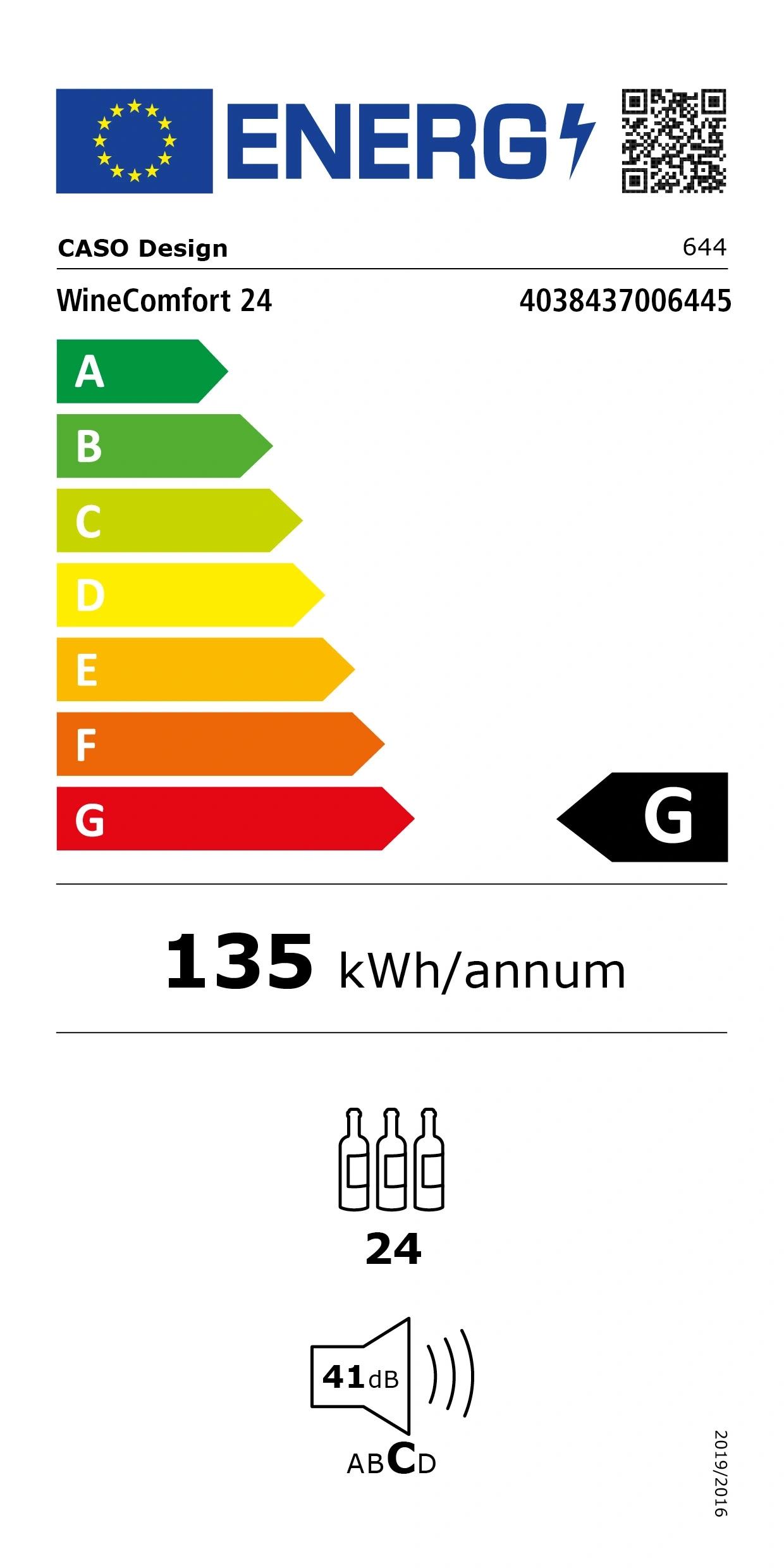 Energy label for wine cooler, class G, 135 kWh/annum, 41 dB, Caso Design WineComfort 24