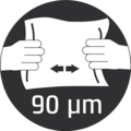 Symbol zeigt Hände, die ein Material dehnen, mit der Aufschrift 90 µm.