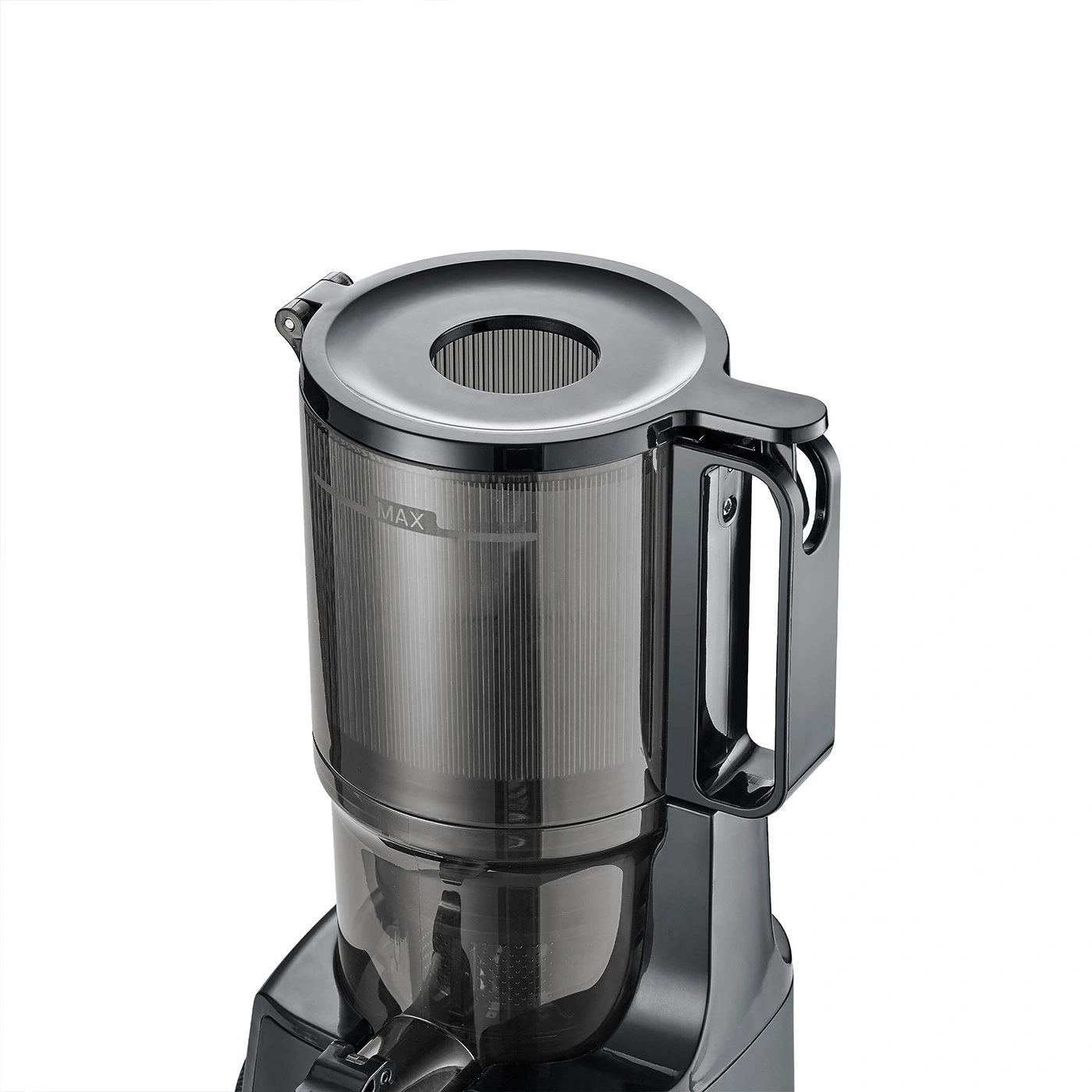 Close-up of a black juicer with handle and lid, MAX marking visible on the side