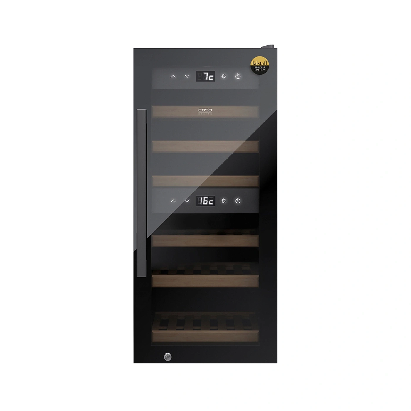 Ein schwarzer Weinkühlschrank mit Glastür und Holzböden.
