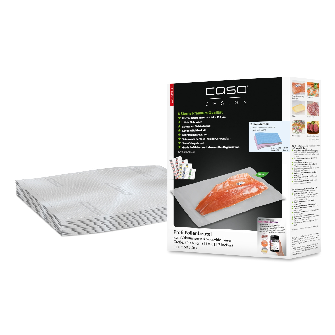 Caso Profi-Folienbeutel, Vakuumieren & SousVide-Garen, 50 Stück, 30x40cm, BPA-frei, Lebensmittel