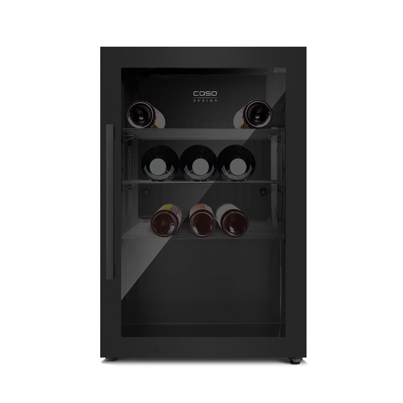 Réfrigérateur à vin noir avec porte vitrée, bouteilles de vin à l'intérieur.