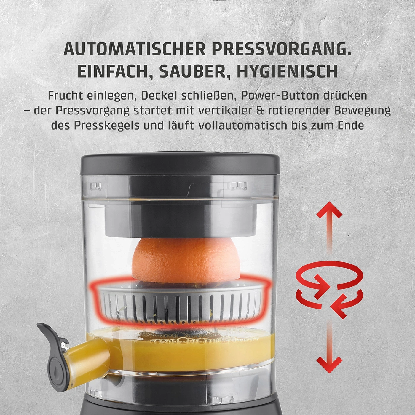 Presse-agrumes automatique, facile, propre, hygiénique. Insérer le fruit, appuyer sur le bouton, terminé.