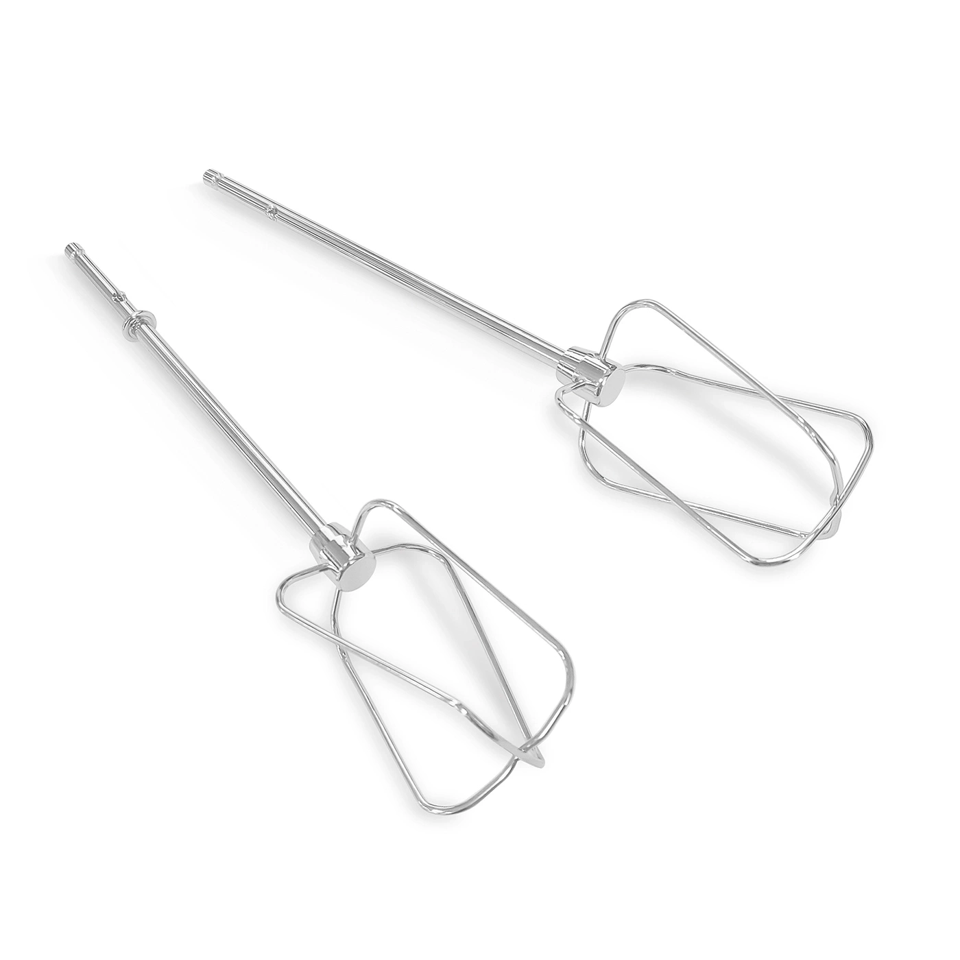Two silver whisks on white background, kitchen utensils, close-up shot