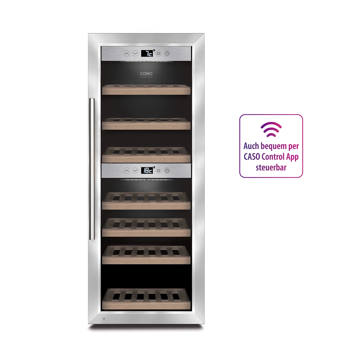 Ein moderner Weinkühlschrank mit Glasfront und Holzböden, steuerbar per App.