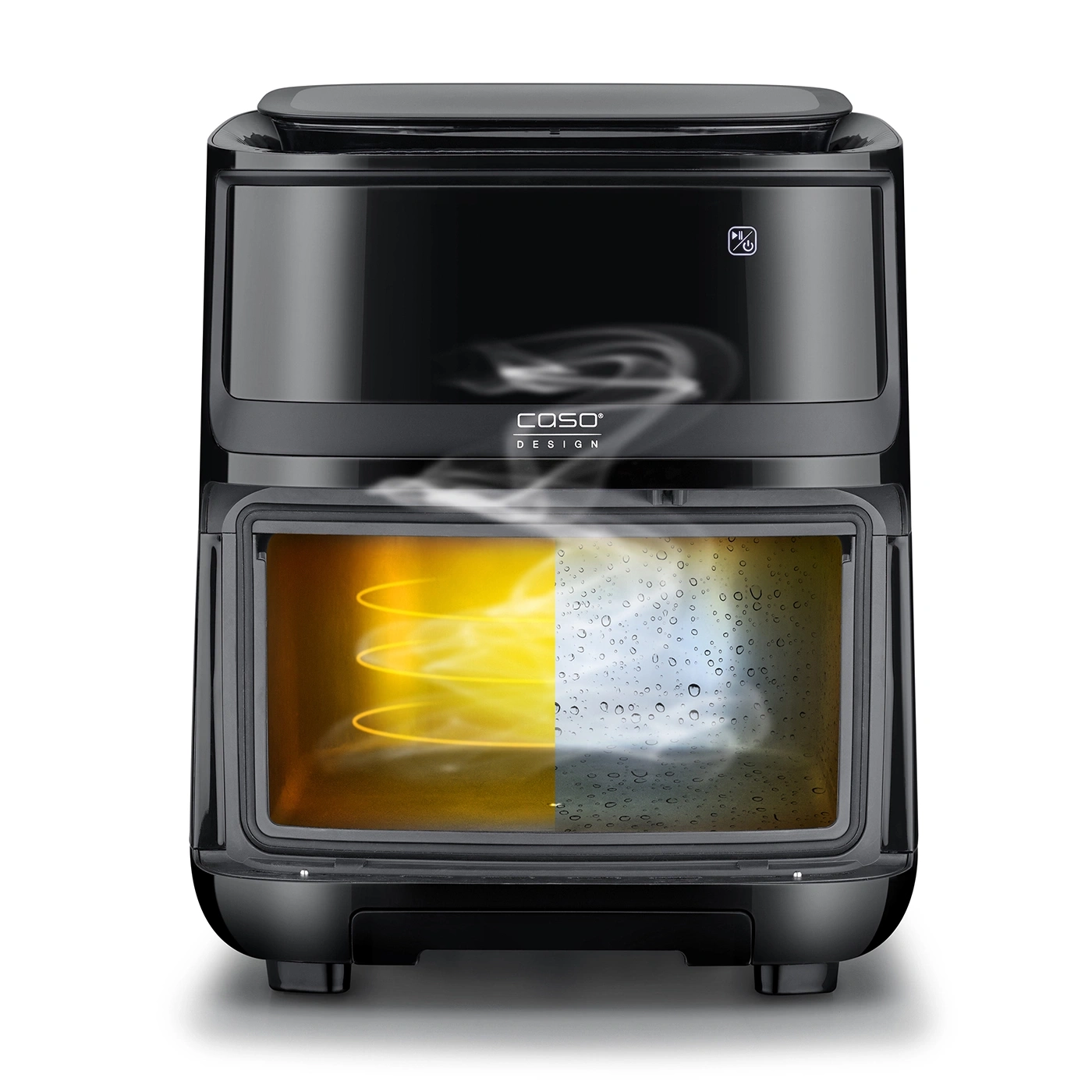 Schwarzer Ofen mit gelbem Licht und Wassertropfen, Caso Design.
