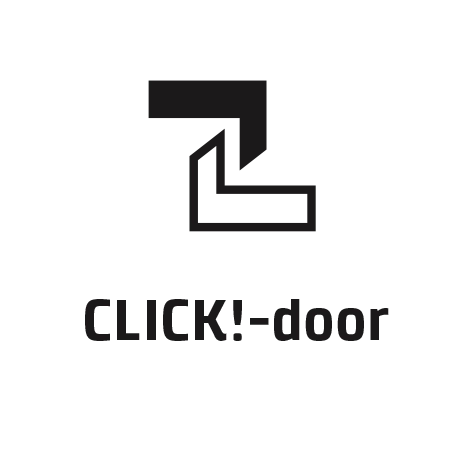 Logo with arrow and text 'CLICK!-door' on a black background.