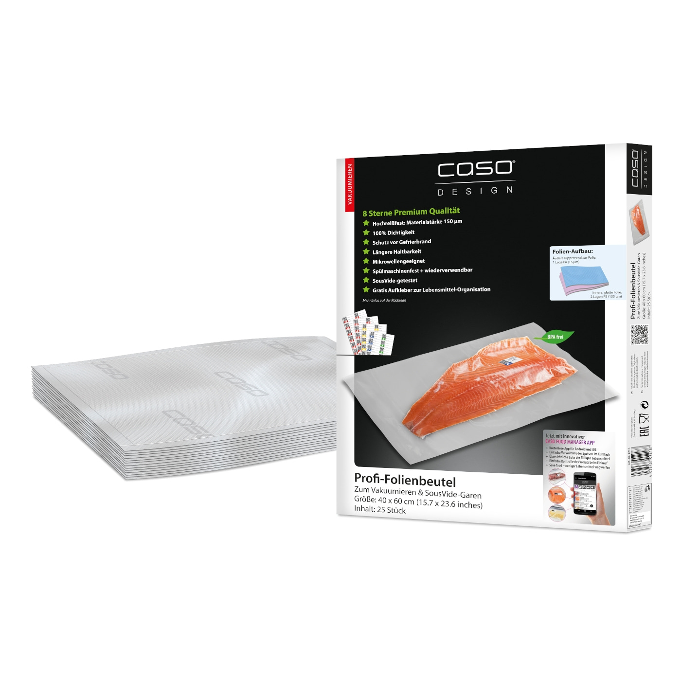 Caso Profi-Folienbeutel, Vakuumieren & SousVide-Garen, 40x60cm, 25 Stück, BPA-frei