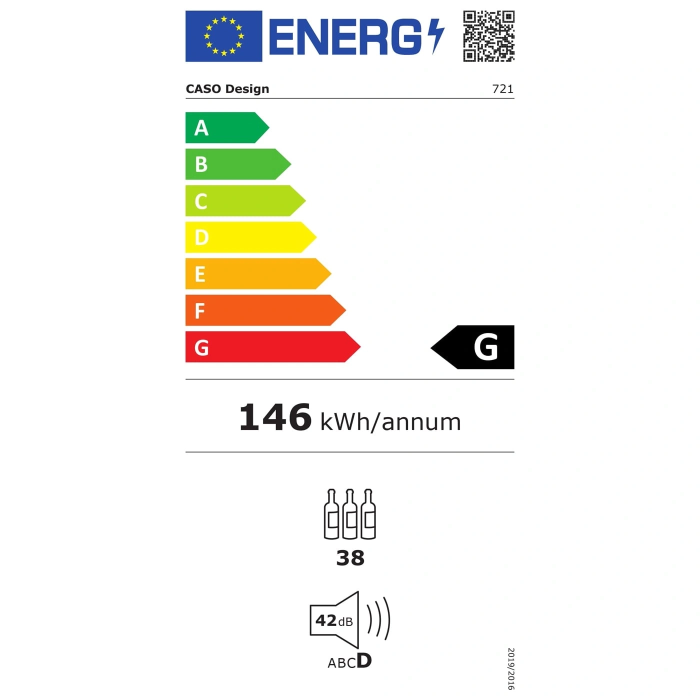 Energieeffizienzlabel für CASO Design, Energieklasse G, 146 kWh/annum, 38 Flaschen