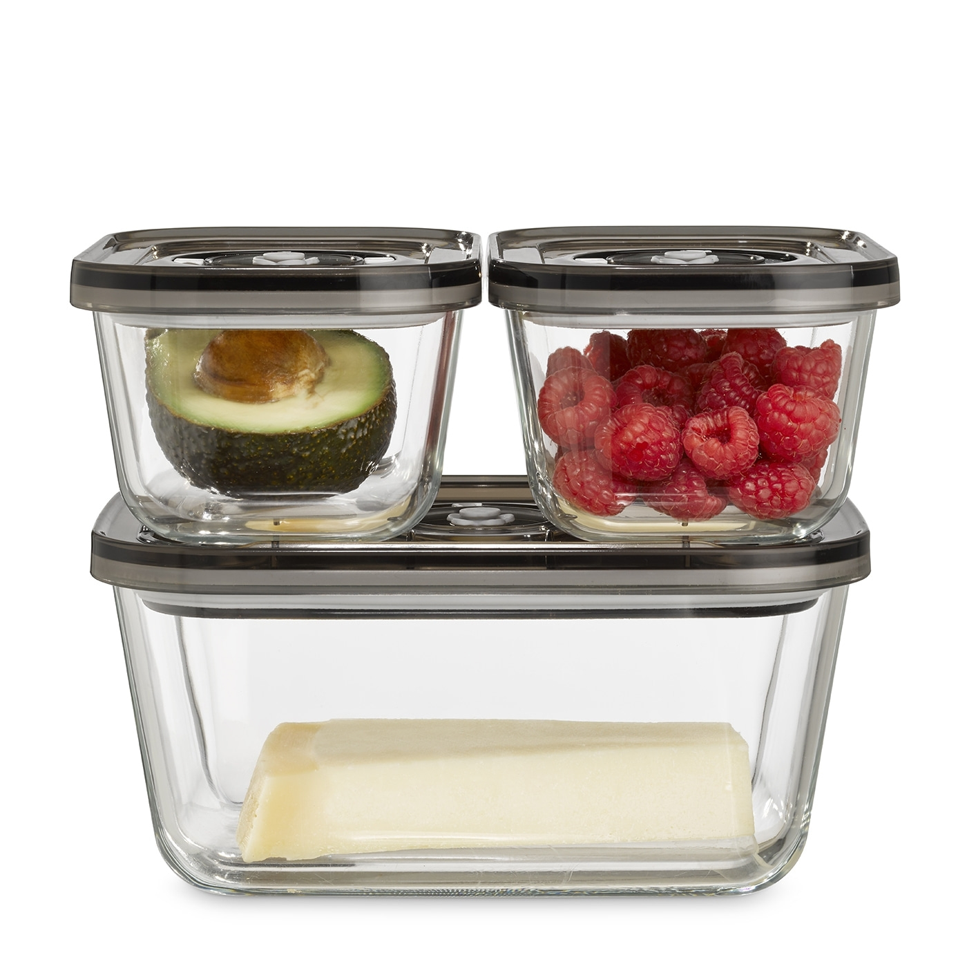 Glass containers stacked with avocado, raspberries, and cheese, isolated