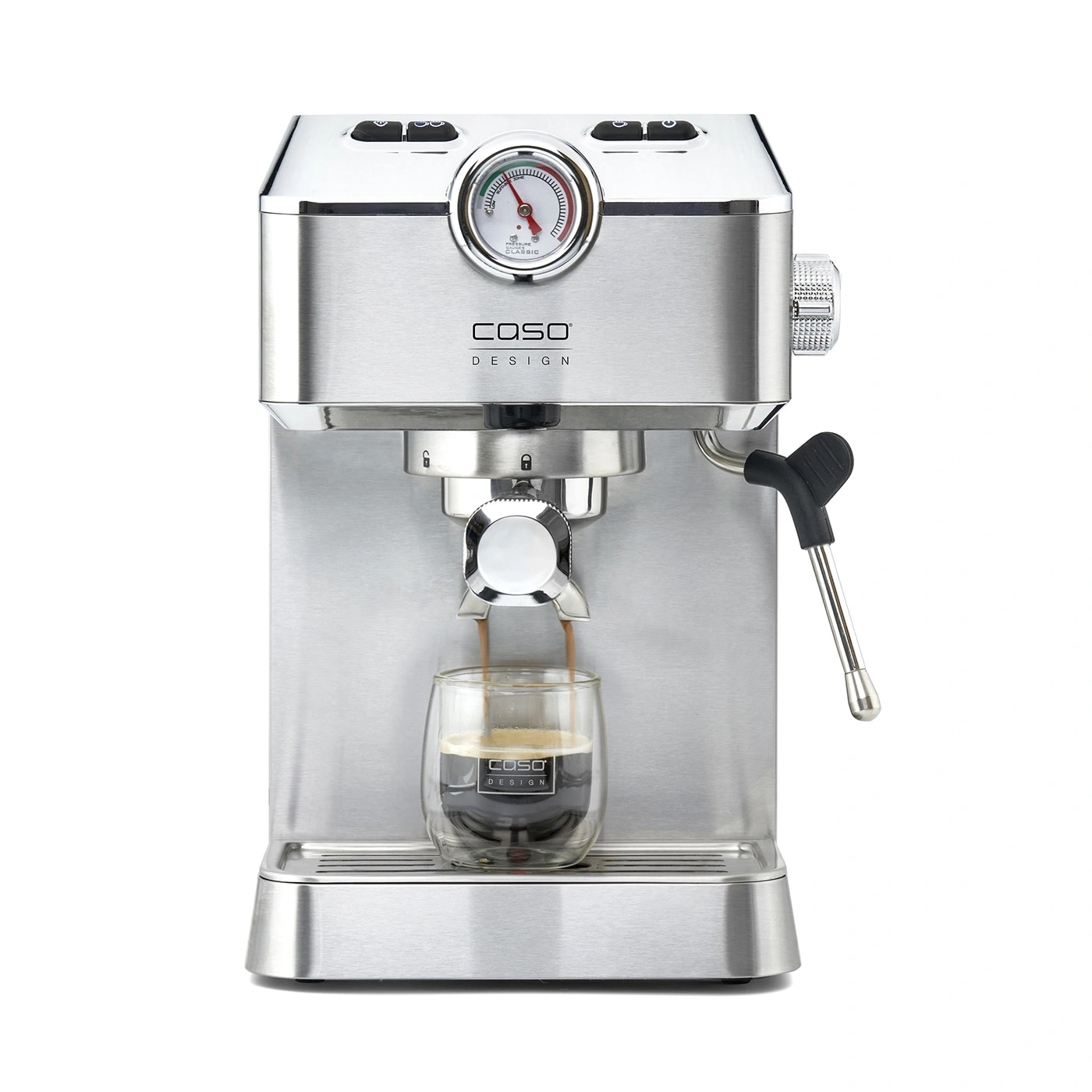 Espressomaschine aus Edelstahl mit Glas und Logo, Kaffeezubereitung