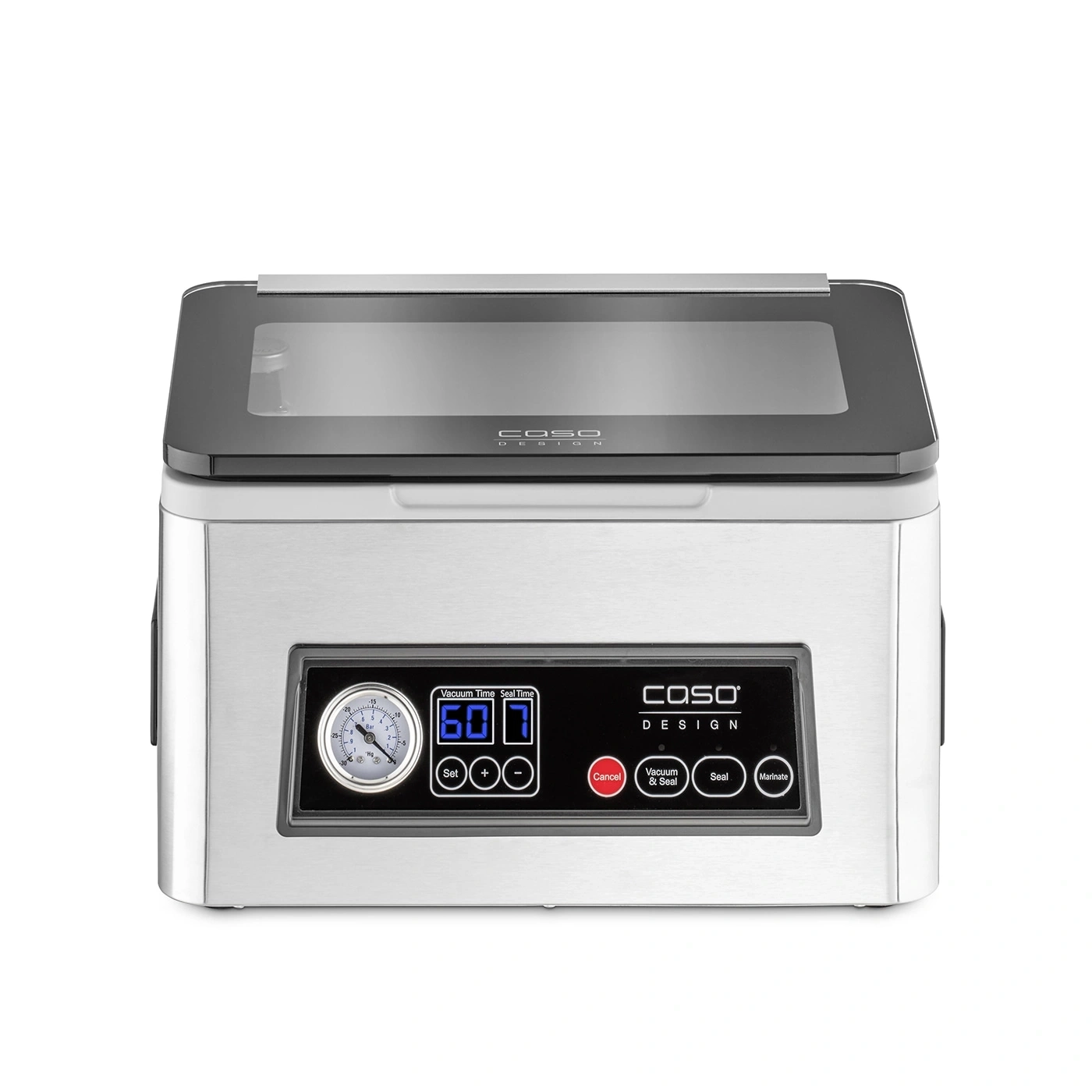 Vacuum sealer with control panel and display for time and functions.