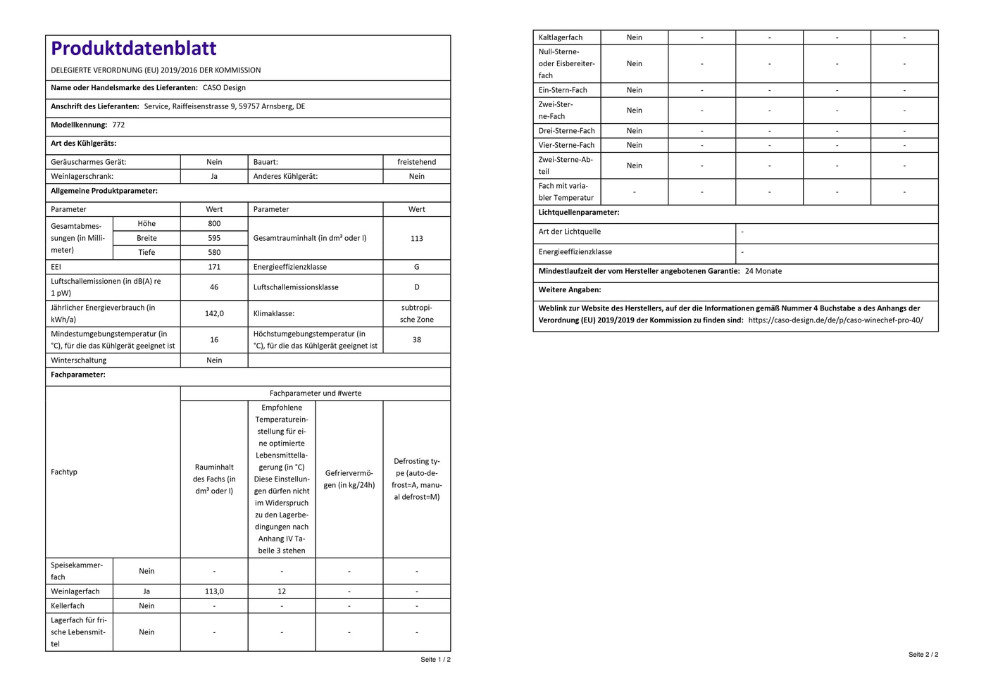 Fiche produit réfrigérateur : efficacité énergétique, dimensions, paramètres compartiments, cave à vin, classe climatique, garantie