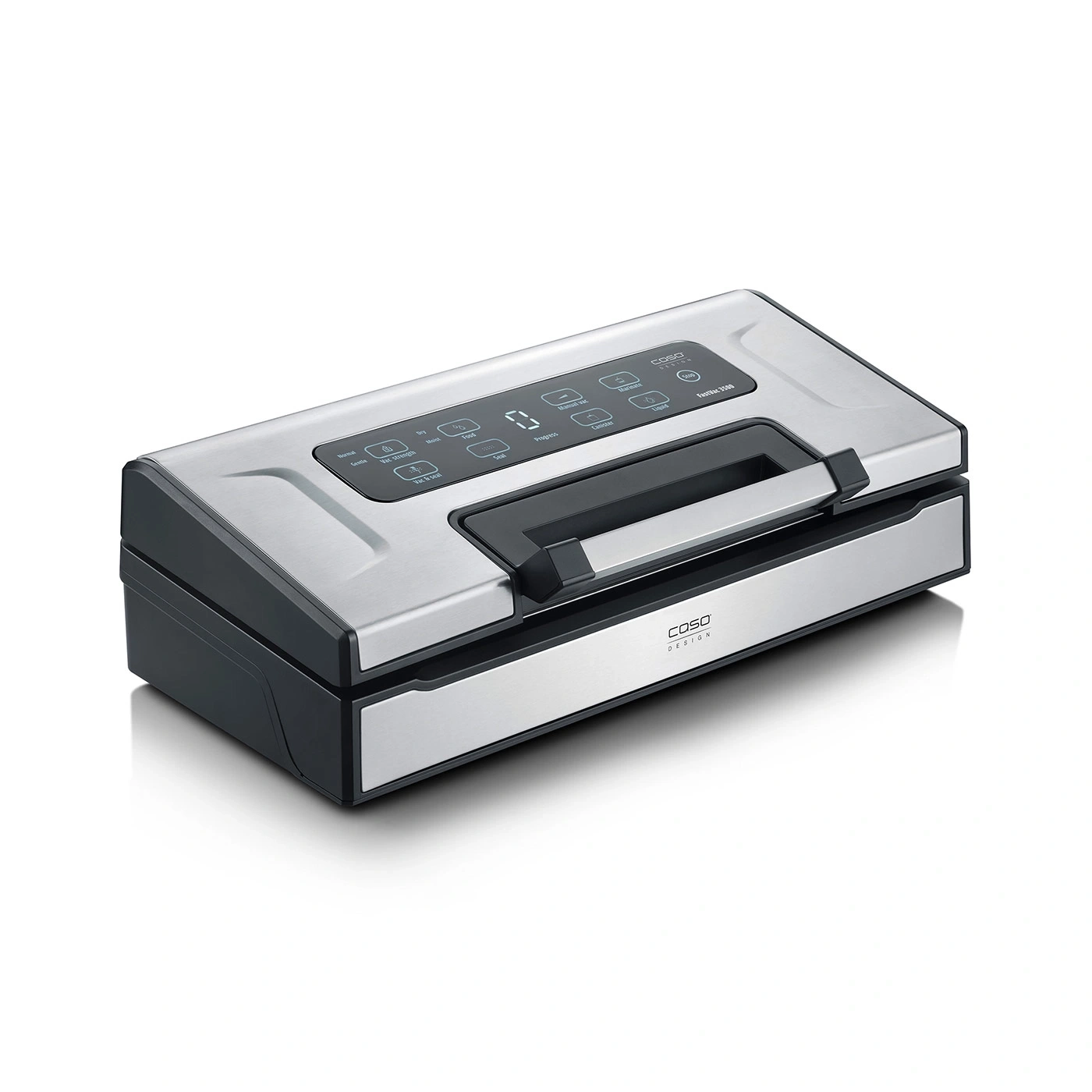 A silver vacuum sealer machine with black elements and a handle.